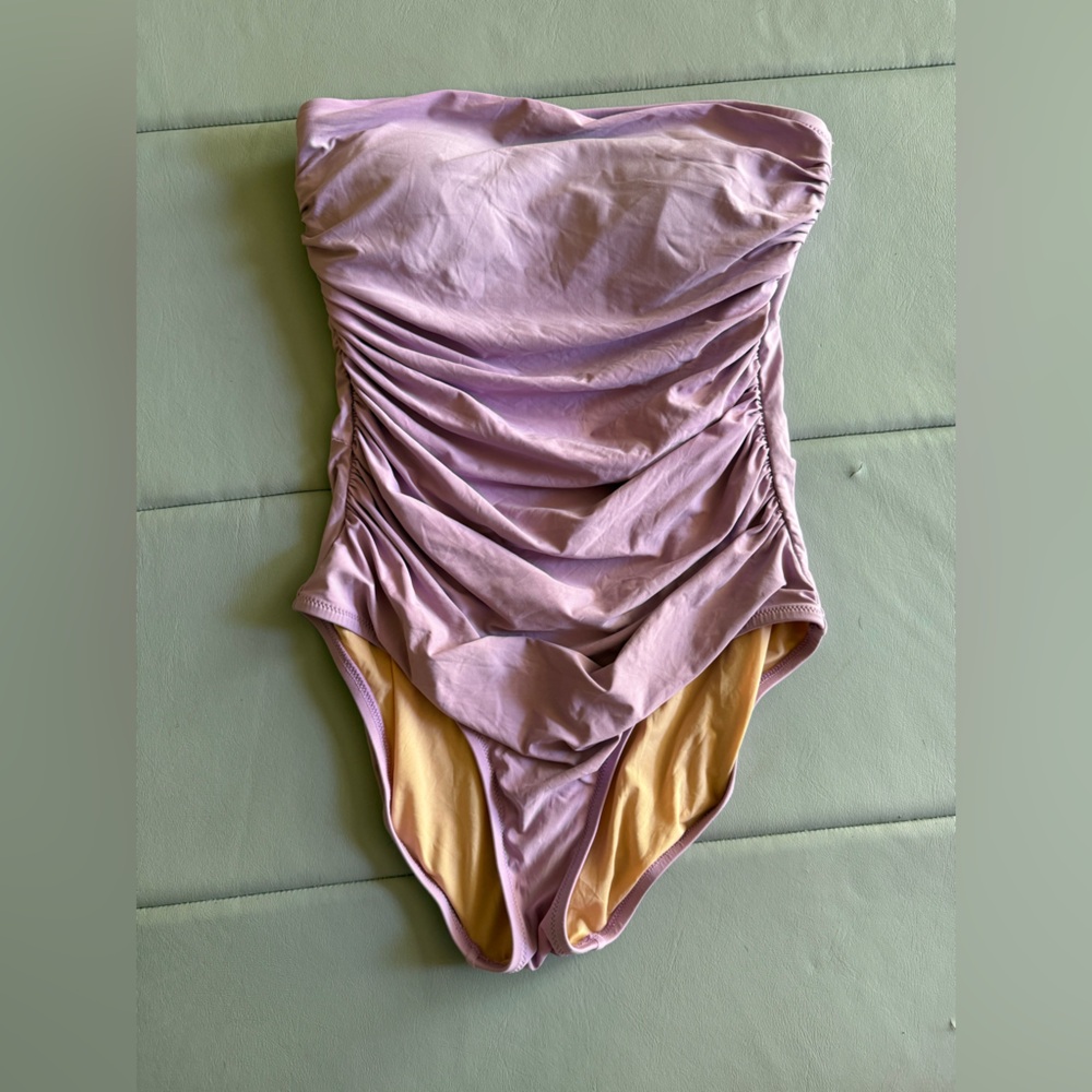 J. Crew Mauve Ruched One-Piece Swimsuit with Yellow Lining